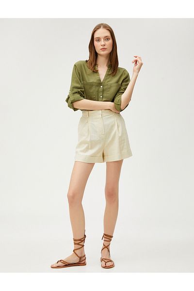 Koton Linen Blend Shirt Sleeves with Fold Detail