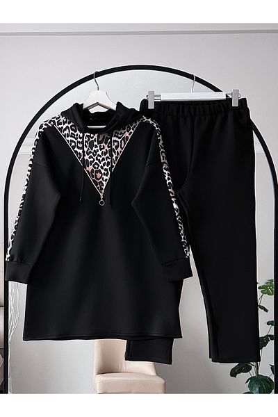 MODAQU Σετ κατάδυσης με κουκούλα Leopard Printed Double Puff - Μαύρο