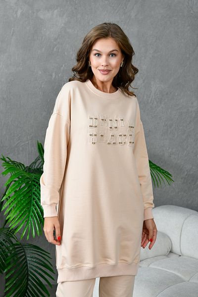 MVStore Women's Embroidery Print Stone Embroidery Detail Oversize Sweatshirt Bottom-Top Set