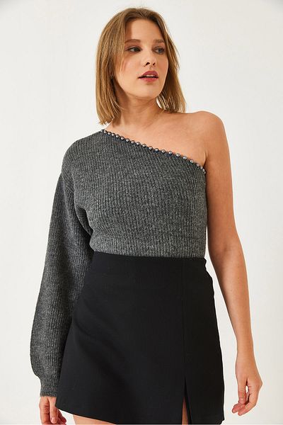 Bianco Lucci Pulover de damă, cu o singură mânecă, brodat cu perle 241216 60261214