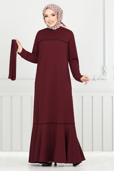 ModaMerve Winter Dress with Piping Detail 4025Pm1063-M Claret Red