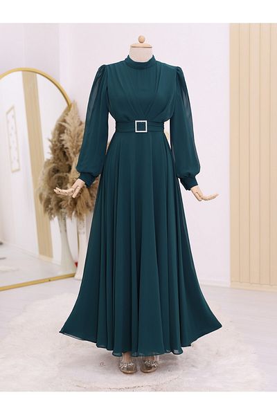 Modamorfo Κοσμήματα Ζώνη και Πλισέ Hijab Φόρεμα - Emerald