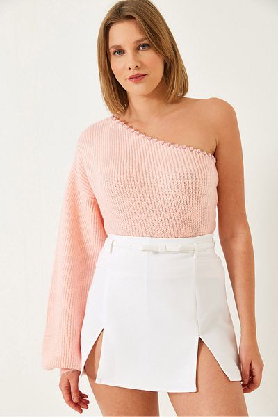 Bianco Lucci Women's Pearl Embroidered Single Sleeve Detailed Knitwear Sweater 241216 60261214