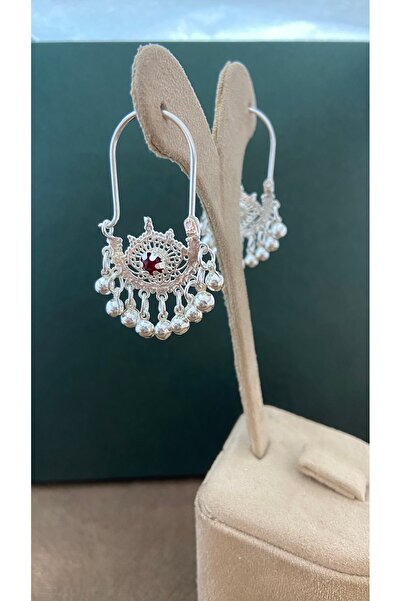 Midyat Artuklu Gümüşçülük Yakut Taşlı Gümüş Deri Model Küpe