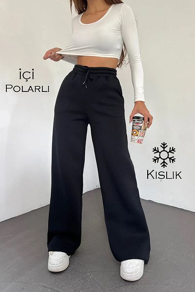 Eva Sunset Γυναικείο μαύρο φλις εσωτερικά χειμωνιάτικο ψηλόμεσο φαρδύ παντελόνι