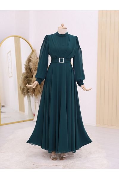 Modamorfo Κοσμήματα Ζώνη και Πλισέ Hijab Φόρεμα - Emerald