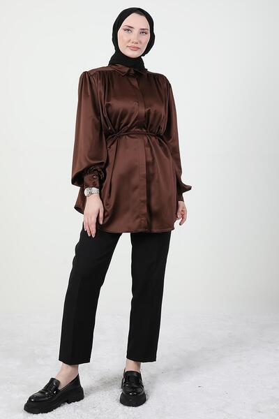 giz astore Gizli Düğmeli Saten Gömlek Acı Kahve