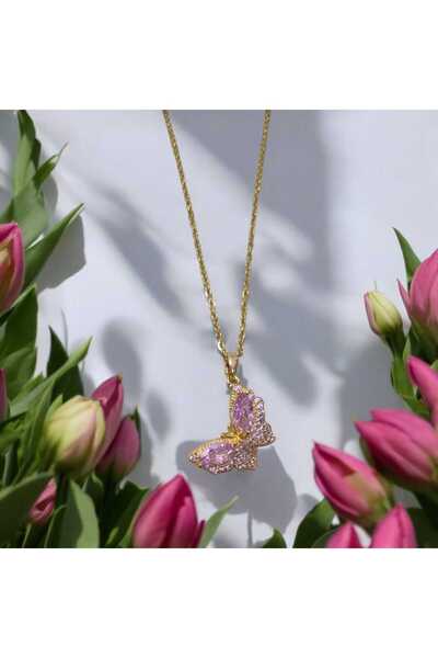 feyza collection Pembe Zirkon Taşlı Kelebek Çelik Kolye
