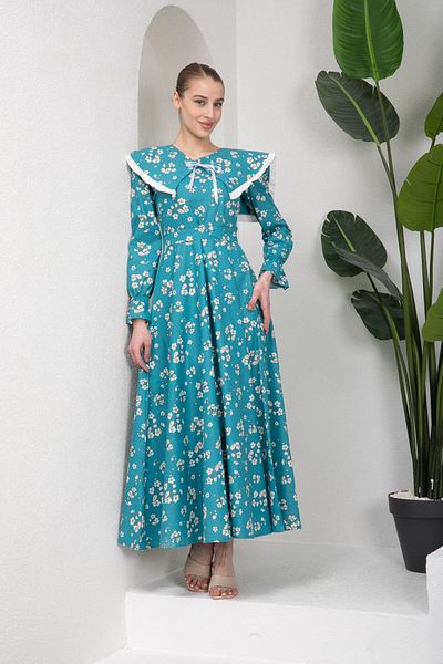 KÜÇÜĞÜM BUTİK Rochie evazată hijab de primăvară, albastru petrol, cu decolteu mobil (Rochie-GALLER)