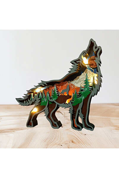 GHY AHŞAP Dekoratif 3d Kurt Figürlü Işıklı Masa Süsü Biblo