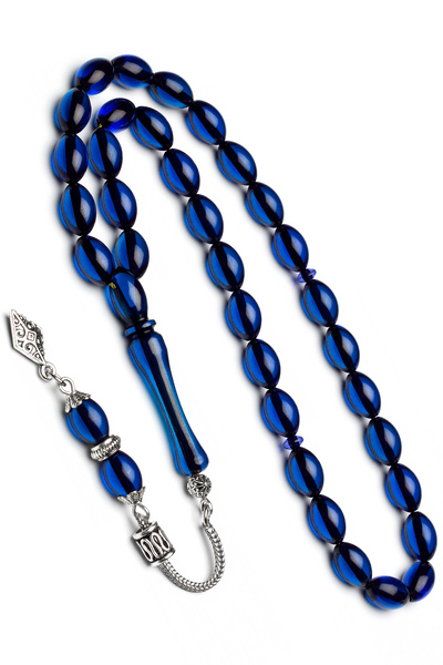 OTTOTESBİH Men's Navy Blue Amber Rosary Silver Plated Tassel