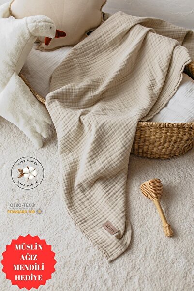 ZEYPBA Kenar Dikişli Bej Müslin %100 Pamuk Müslin Örtü 4 Katlı Müslin Battaniye 100x100cm