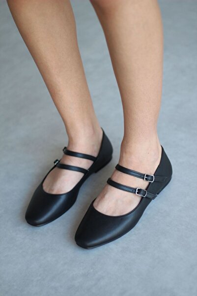 Mida Shoes Siyah Deri Çapraz Bantlı Kadın Babet