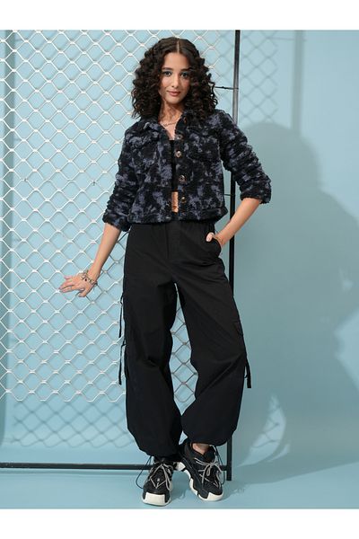 Tokyo Talkies By Styli Abstract Print Button Detail Collared Jacket