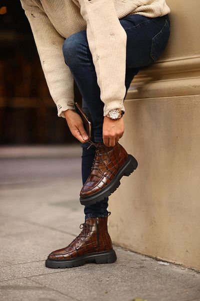 Serhat Özköroğlu - Brown Leather Crocodile Lace-up Zippered Men's Boots