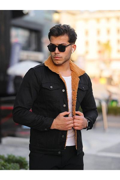 Pobudo Black Men's Coat with Mustard Fur Inside