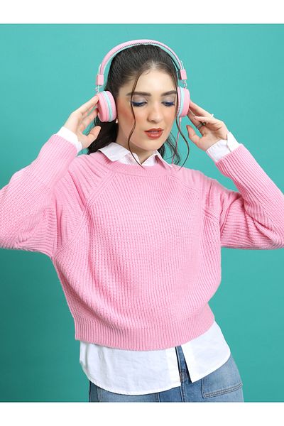 Tokyo Talkies By Styli Ribbed Round Neck Raglan Sleeves Sweater