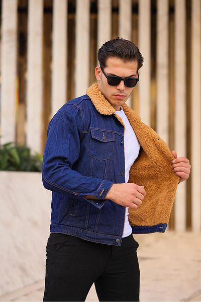 Pobudo Dark Navy Blue Color Mustard Fur Denim Coat