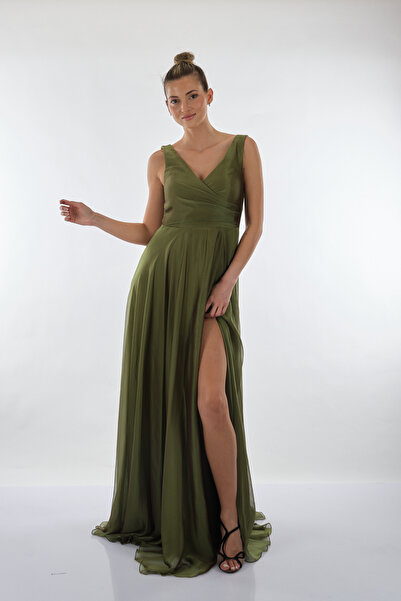 DORİ DORCA V Yaka Kalın Askılı Drapeli Derin Yırtmaçlı Şifon Maxi Boy Kadın A...