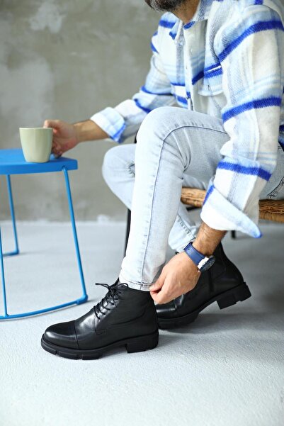 Serhat Özköroğlu - Siyah Antik Deri Bağcıklı,fermuarlı - Erkek Bot