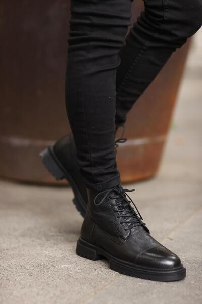 Serhat Özköroğlu - Siyah Deri Flooter Bağcıklı ,fermuarlı Erkek Bot