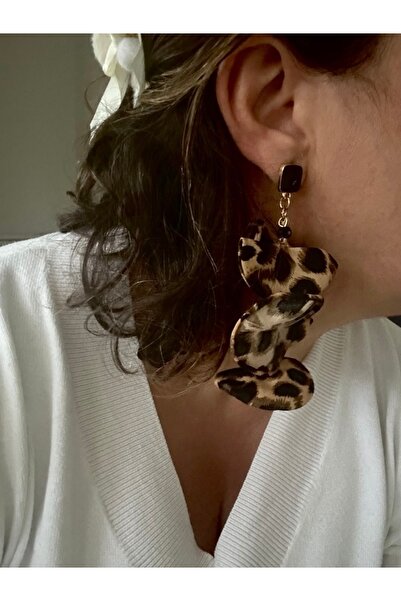 alsaccessories Kadın Leopar Desenli Araları Boncukluı Hafif Küpe Uzunluk 12cm