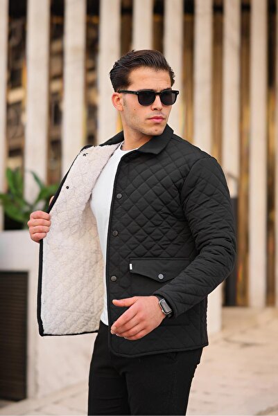 Pobudo Quilted Black Men's Coat with Fur Inside