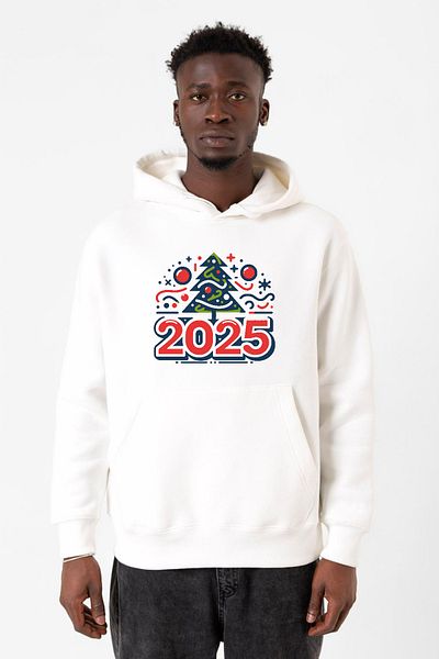 Tshirthane Happy New Year 2025 Essential Λευκό ανδρικό φούτερ με κουκούλα 3 ip