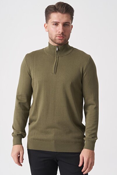 White Stone Brasília 1030 Slim Fit Basic Yarım Fermuarlı Triko A.Haki