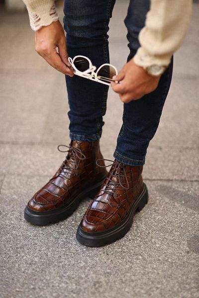 Serhat Özköroğlu - Brown Leather Crocodile Lace-up Zippered Men's Boots