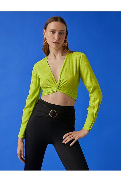 Koton Μακρυμάνικη Ζακάρ Crop Μπλούζα με Λεπτομέρεια Γραβάτα