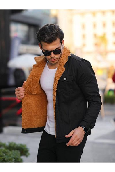 Pobudo Black Men's Coat with Mustard Fur Inside