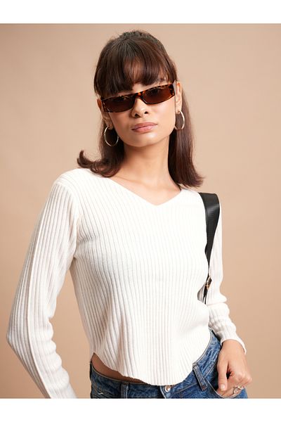 Tokyo Talkies By Styli Ribbed V-Neck Long Sleeve Sweater