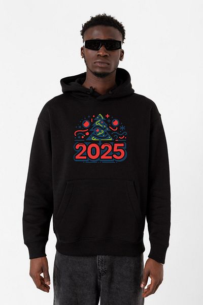 Tshirthane Черен мъжки суитшърт с качулка Essential - Честита Нова 2025 година