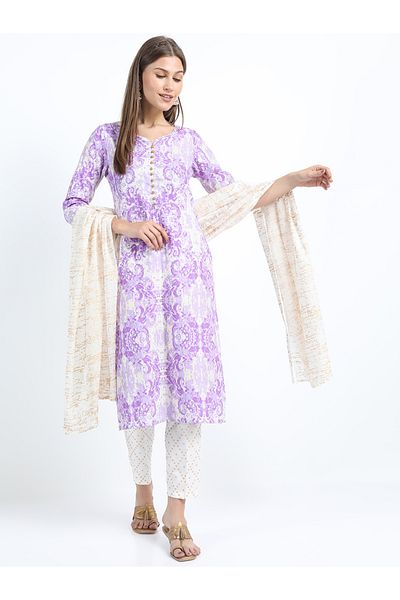 Vishudh By Styli Pack of 3 - Printed Straight Kurta, Trousers & Dupatta
