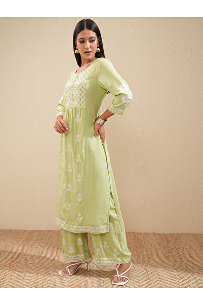 Vishudh By Styli Floral Embroidered Thread Work Straight Kurta & Palazzos Set