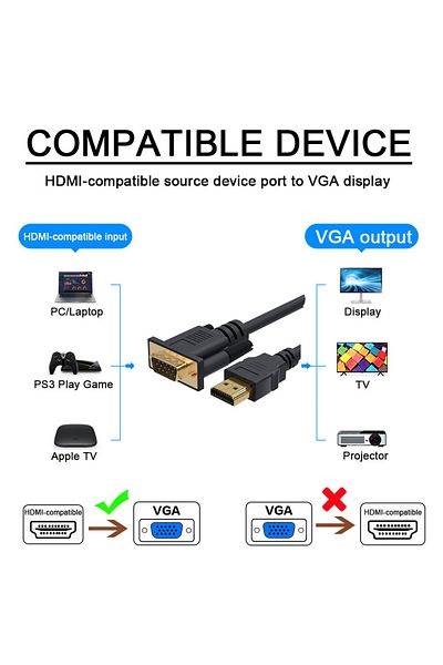 Choice كابل محول HDMI إلى VGA أسود اللون بطول 1.8 متر بدقة FHD 1920*1080 بكسل لسطح المكتب