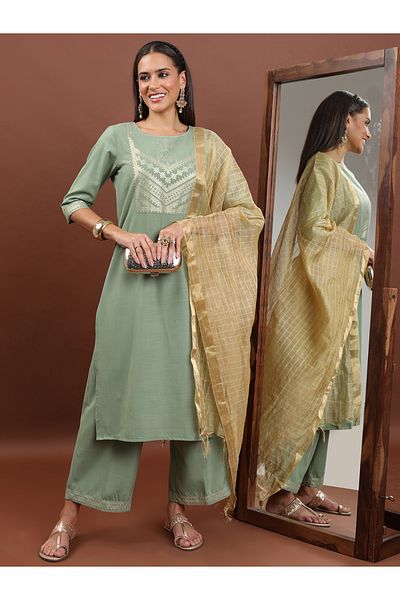 Ketch By Styli Pack of 3 - Ethnic Motifs Yoke Design Regular Kurta, Palazzos & Dupatta