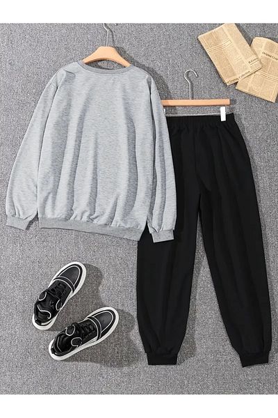 Sezon tekstil Unisex Gray Lion Printed Crew Neck Tracksuit Set