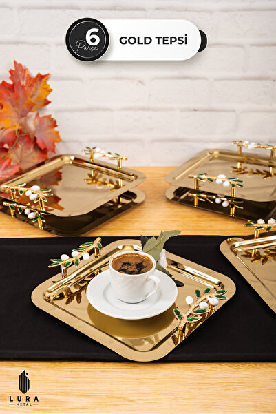 Skygo 1  1 Adet Zeytin Dalı Gold Kahve Sunum Tepsisi - 22 cm Şık ve Zarif Tasarım