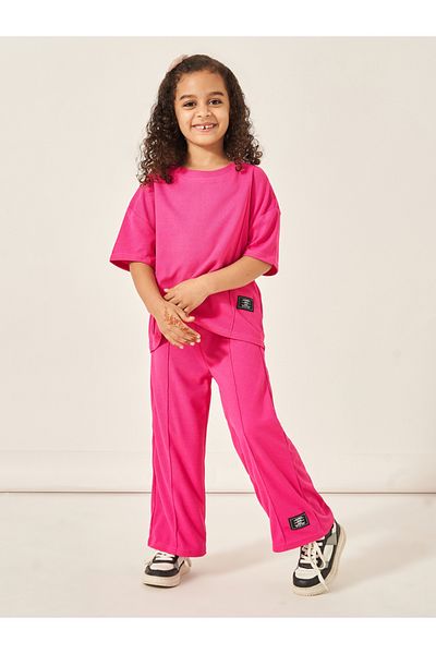 Styli Oversized Waffle Knit Patch Detail T-Shirt & Wide Leg Pants Set