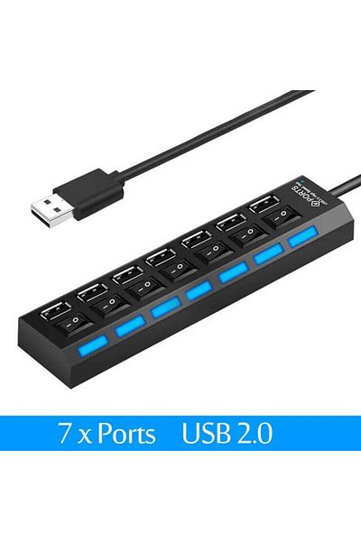Choice 1 Drag 7 أسود موزع USB محول USB Hub 2.0 عالي السرعة متعدد 7 منافذ موزع USB تشغيل وإيقاف محمول S