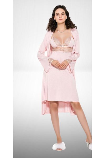Cooqpoo S-M-L-Xl Thin Straps Powder Lace Dressing Gown and Nightgown Set