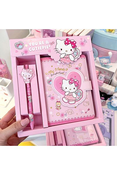 Choice 01 Sanrio Notebook Gel Pen Hello Kitty Cinnamoroll Kuromi Notepad Portable Notebook Stationery Set O