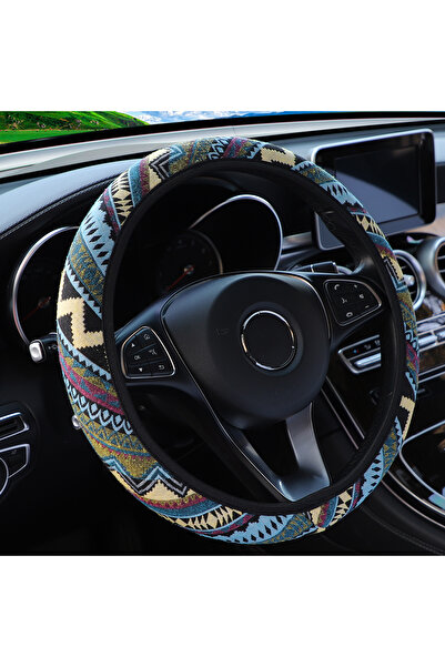 Choice زينة سيارة من الكتان قابلة للتنفس وغير قابلة للانزلاق على الطراز البوهيمي باللون الأزرق والأصفر بدون حلقة داخلية لعجلة القيادة