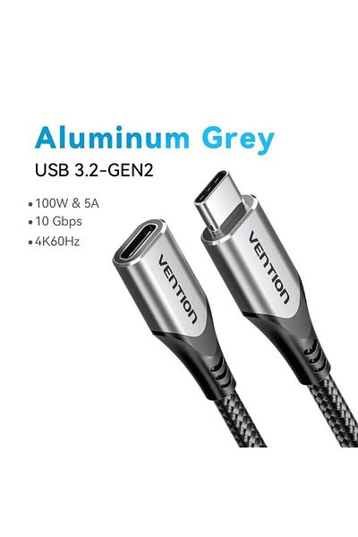 Choice كابل تمديد Vention USB C بطول 1 متر من الألومنيوم بسرعة 10 جيجابت في الثانية باللون الرمادي وكابل تمديد USB-c Thunderbolt 3 لجهاز X