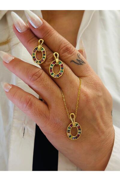 MyladyAccessoriess 14K Altın Kaplama Renkli Kristal Taş Detay Set