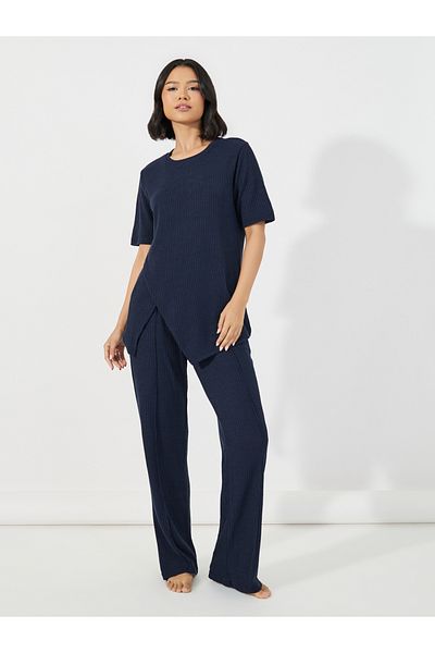 Styli Brushed Ribbed Asymmetric Trim Top & Wide Leg Pants Lounge Set