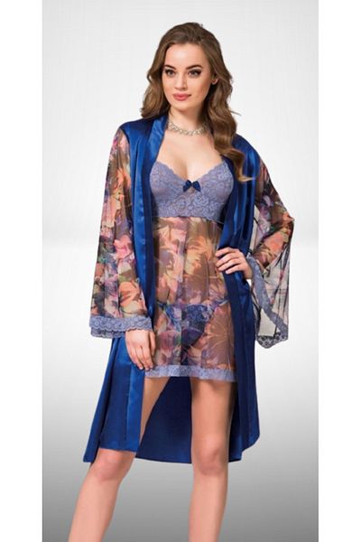 Cooqpoo Albastru Mărimea S-M-L-XL Tulle cu flori Bretele subțiri Rochie scurtă din satin Set cămașă de noapte