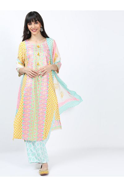 Vishudh By Styli Pack of 3 - Paisley Print Kurta, Palazzos & Dupatta